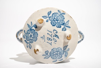 A blue and white Dutch Delft style Frisian warmer or chafing dish, dated 1783