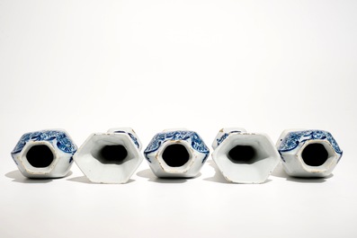 A small Dutch Delft blue and white five-piece garniture, 18th C.