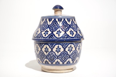 A blue and white Islamic pottery covered bowl and a dish, Northern Africa, Tunisia or Morocco, 19th C.