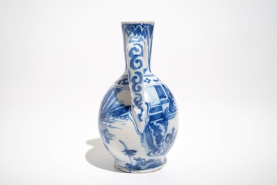 A Dutch Delft blue and white chinoiserie jug, 2nd halft 17th C.