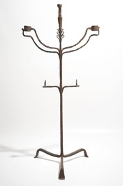 A wrought iron floor standing candleholder, probably 17/18th C.