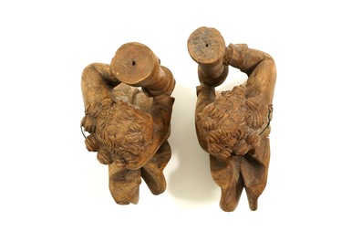 A pair of limewood flying angels with columns, prob. Southern Germany, 15/16th C.