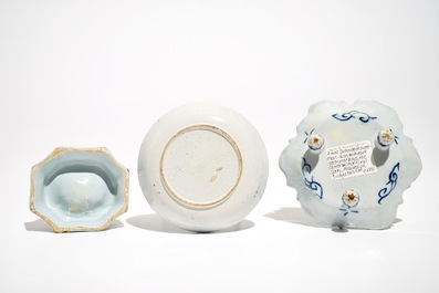 A Dutch Delft blue and white salt, a chocolate cup and a spice dish, 18th C.