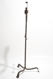 A wrought iron floor standing candleholder, probably 17/18th C.