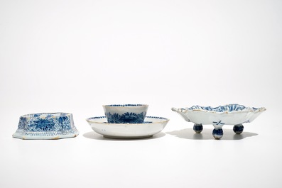 A Dutch Delft blue and white salt, a chocolate cup and a spice dish, 18th C.