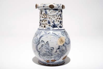 A French faience blue and white puzzle jug, poss. Lille, 18th C.