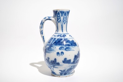 A Dutch Delft blue and white chinoiserie jug, 2nd halft 17th C.