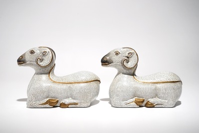 A pair of Chinese cloisonn&eacute; and gilt bronze models of rams, Qianlong