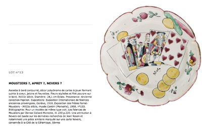 A rare French faience playing cards dish, poss. Ferrat, Moustiers, or Nevers, 18th C.