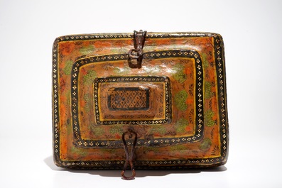 A polychrome painted papier mache storage box and cover, prob. India, 19th C.