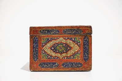 A rectangular laquered papier mache box and cover with calligraphy, Qajar, Iran, 19th C.