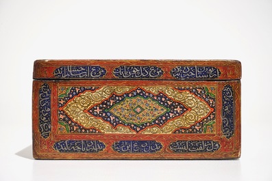 A rectangular laquered papier mache box and cover with calligraphy, Qajar, Iran, 19th C.