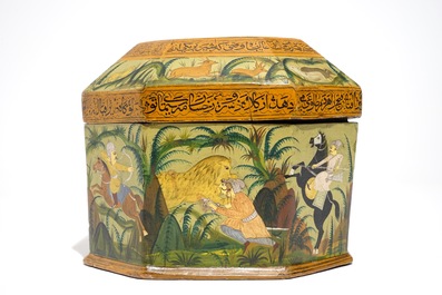 A fine painted papier mache box and cover with hunting scenes, Qajar, Iran, 19th C.