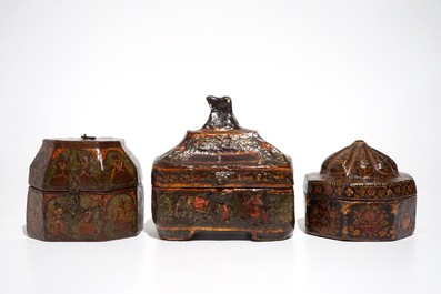 Three painted papier mache boxes, prob. India, 19th C.