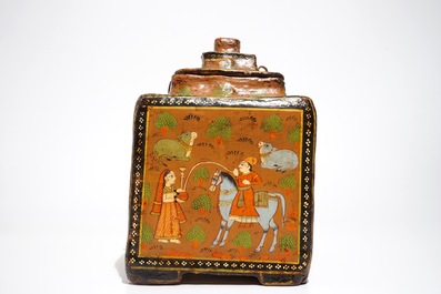 A polychrome painted papier mache storage box and cover, prob. India, 19th C.