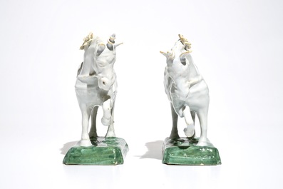 A pair of white Dutch Delft circus horses on a green base, 18th C.