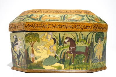 A fine painted papier mache box and cover with hunting scenes, Qajar, Iran, 19th C.