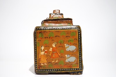 A polychrome painted papier mache storage box and cover, prob. India, 19th C.