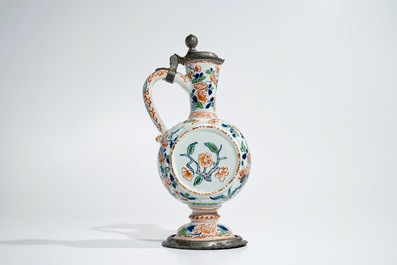 A pewter-mounted Dutch Delft cashmire palette relief-decorated jug, 1st half 18th C.