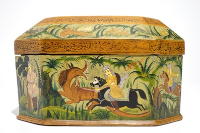 A fine painted papier mache box and cover with hunting scenes, Qajar, Iran, 19th C.