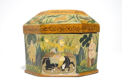 A fine painted papier mache box and cover with hunting scenes, Qajar, Iran, 19th C.