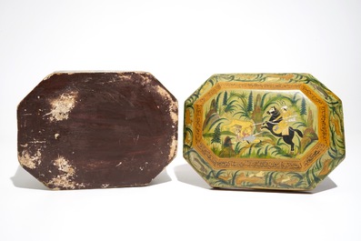 A fine painted papier mache box and cover with hunting scenes, Qajar, Iran, 19th C.