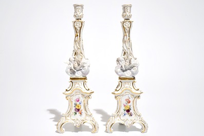 A pair of Meissen porcelain candlesticks, Germany, 19th C.