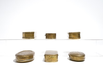 Six Dutch engraved brass tobacco boxes, 18th C.