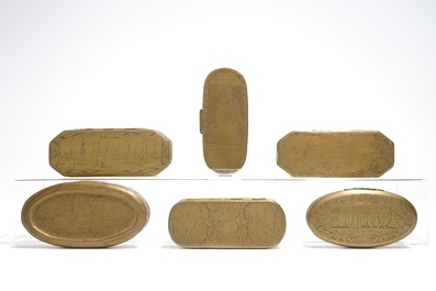 Six Dutch engraved brass tobacco boxes, 18th C.