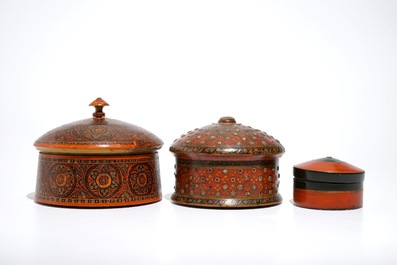 Six iron-mounted painted wood covered boxes, India and Afghanistan, 19/20th C.