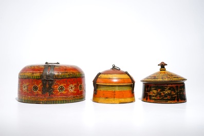 Six iron-mounted painted wood covered boxes, India and Afghanistan, 19/20th C.