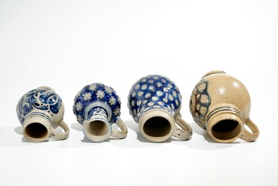 Four Westerwald stoneware jugs, Germany, 17th C.