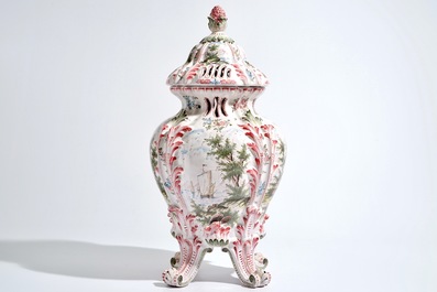 A large French faience reticulated pot pourri vase and cover in the style of Marseille, 19th C.