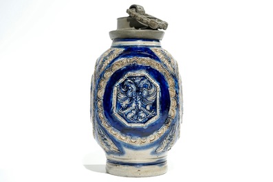 A square pewter-mounted Westerwald stoneware jug, 17th C.