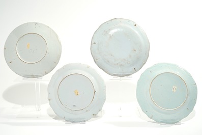 Four polychrome French faience plates, Saint-Amand-les-Eaux, 18th C.