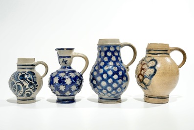 Four Westerwald stoneware jugs, Germany, 17th C.