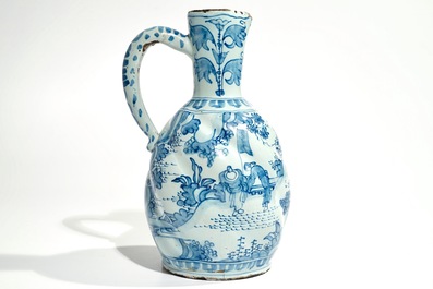 A Dutch Delft blue and white chinoiserie jug, 2nd half 17th C.