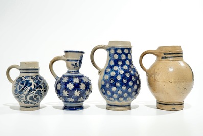 Four Westerwald stoneware jugs, Germany, 17th C.
