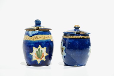 Two Brussel faience blue ground mustard jars, 18/19th C.