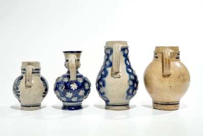 Four Westerwald stoneware jugs, Germany, 17th C.