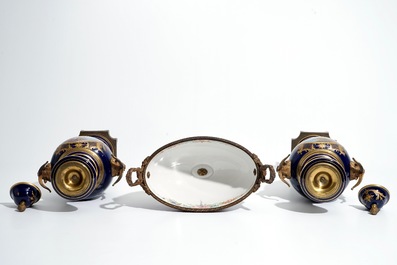 A three piece bronze-mounted Sevres porcelain garniture, 19th C.