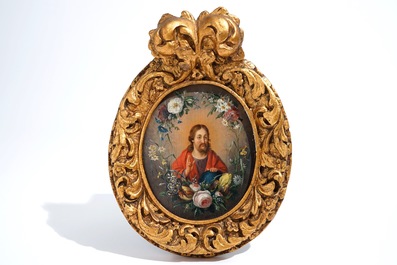 Daniel Seghers (Anvers, 1590-1661), attribu&eacute;, Le Christ Sauveur dans une guirlande de fleurs, huile sur panneau