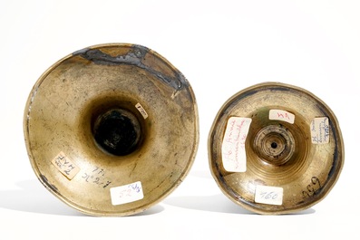 Two gothic bronze candlesticks, Low Countries, 15/16th C.