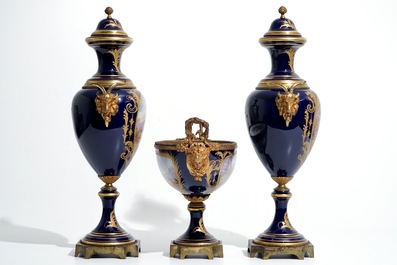 A three piece bronze-mounted Sevres porcelain garniture, 19th C.