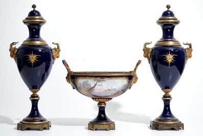 A three piece bronze-mounted Sevres porcelain garniture, 19th C.