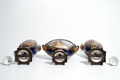 A three piece bronze-mounted Sevres porcelain garniture, 19th C.