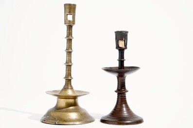 Two gothic bronze candlesticks, Low Countries, 15/16th C.