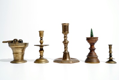 A bronze holy water bucket and four miniature candlesticks, 16/17th C. and later