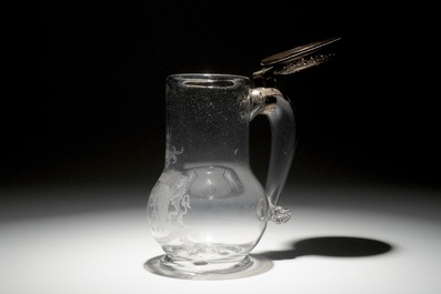 An armorial engraved glass tankard with fine silver lid, marked Augsburg, Germany, 17th C.