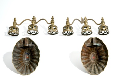 Three pairs of brass and bronze wall sconces, 18th C.